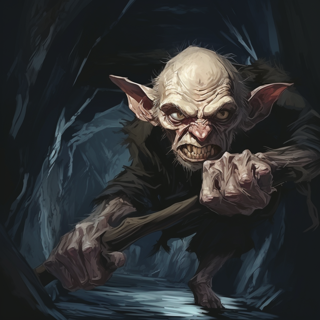 Goblin attacking with rusty knife in catacomb