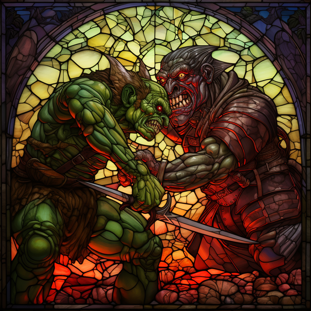 Green-skinned goblin defeating worm monster in mosaic