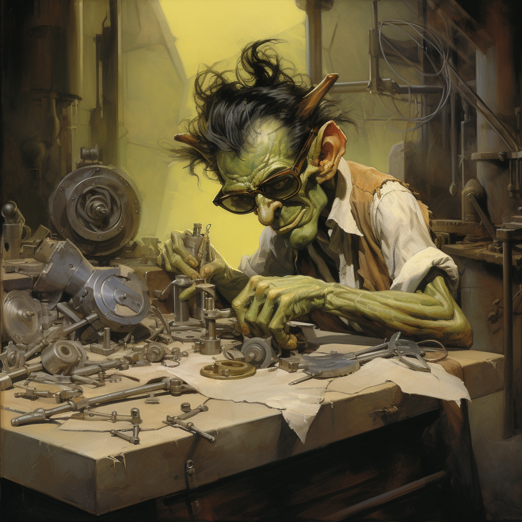 Goblin inventor with large glasses and green skin
