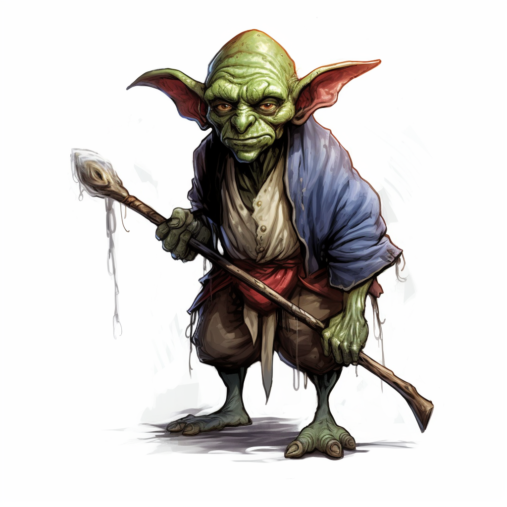 Realistic hand-drawn Goblin spellcaster with staff