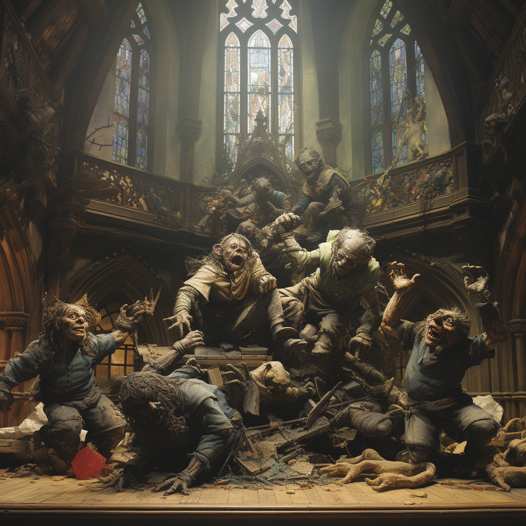 Goblins dancing near a ruined church altar