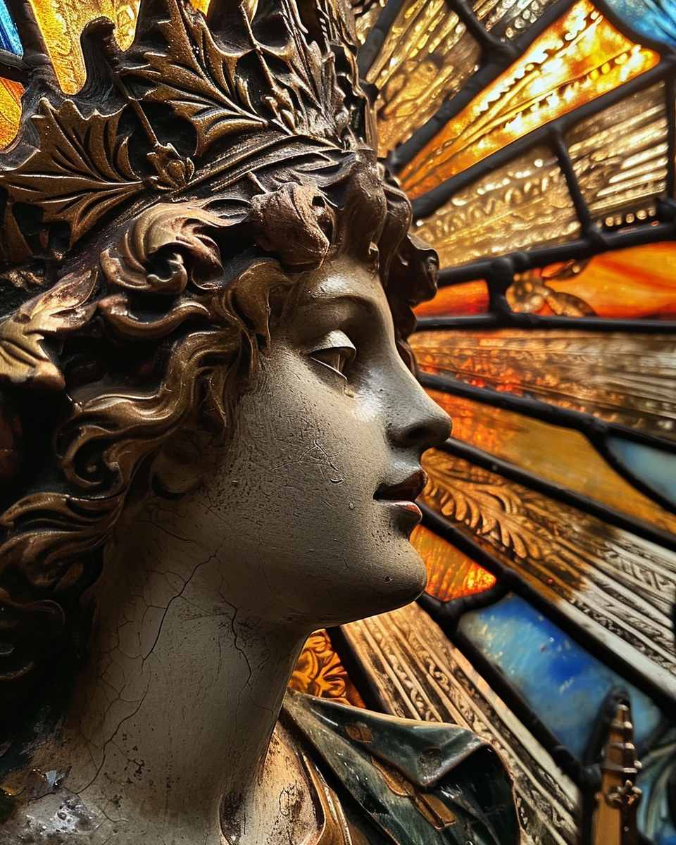 Beautiful boy wearing a goddess halo crown and crown sunburst in stained glass.