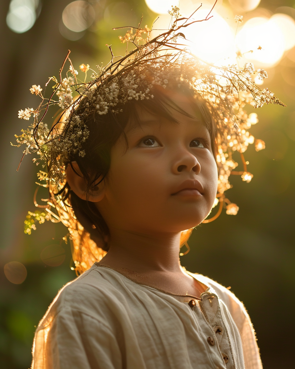 Beautiful boy wearing a goddess halo crown