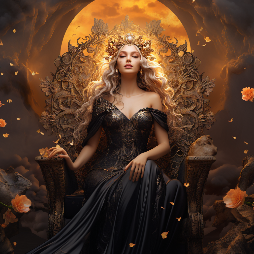 Goddess in Black Shimmering Dress on Throne