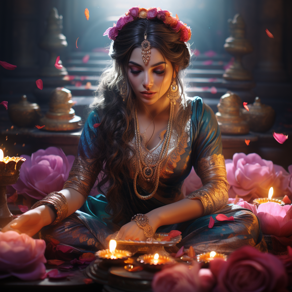Goddess Lakshmi on Lotus with Diya