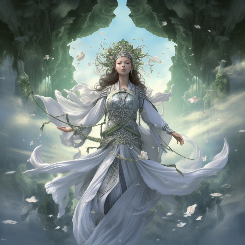 Goddess of Mercy with white lotus flowers