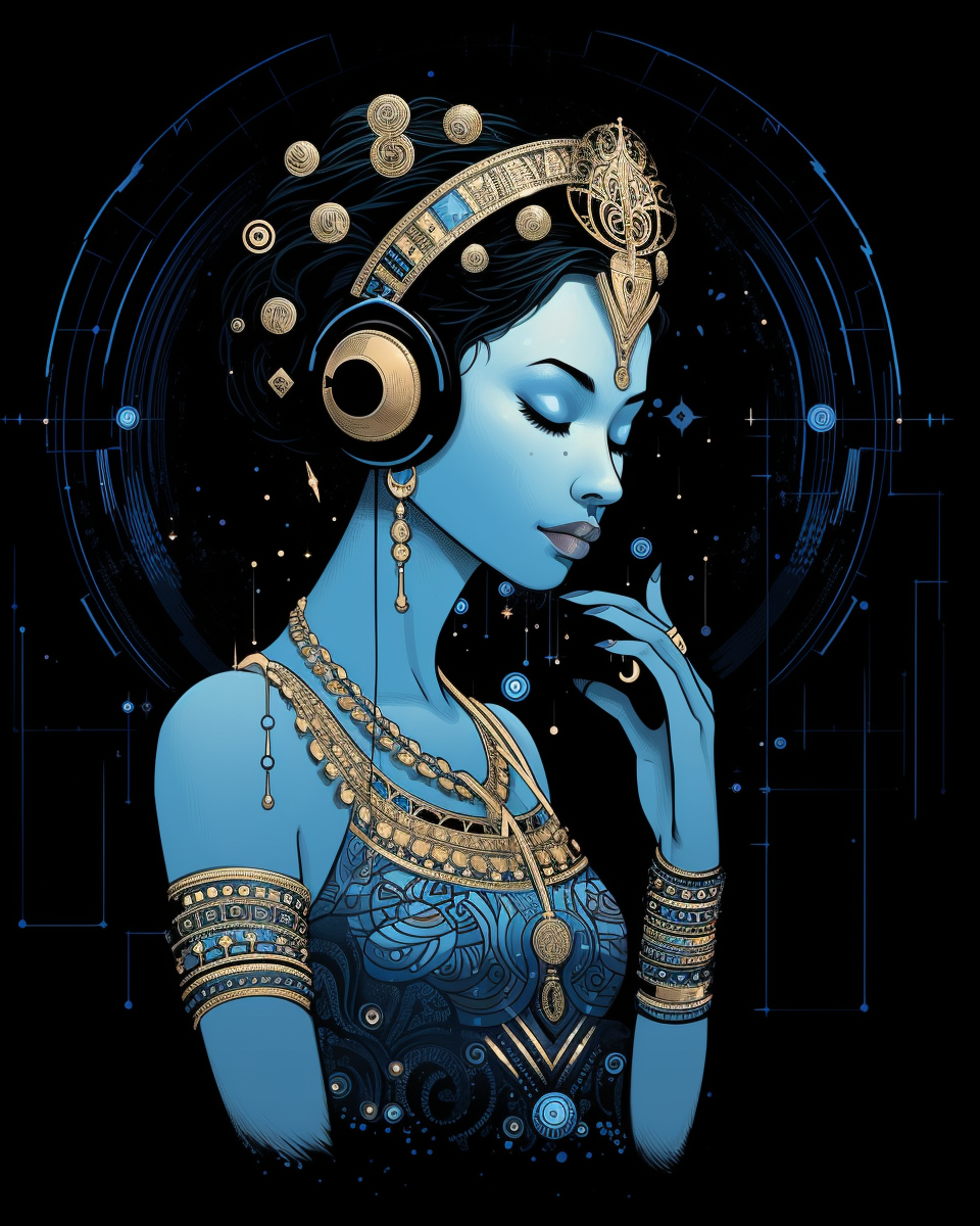 Goddess wearing headphones in a tarot card