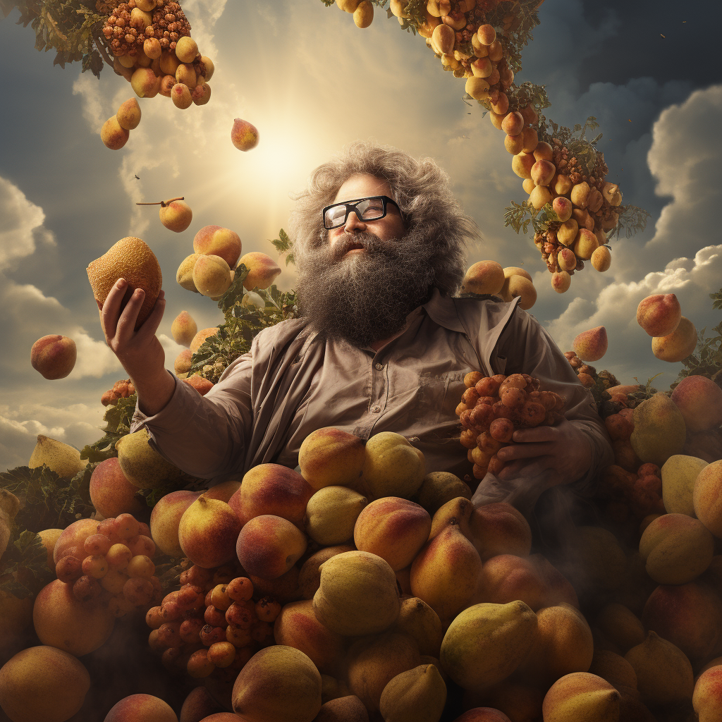 Godlike man enjoying delicious figs in the sky