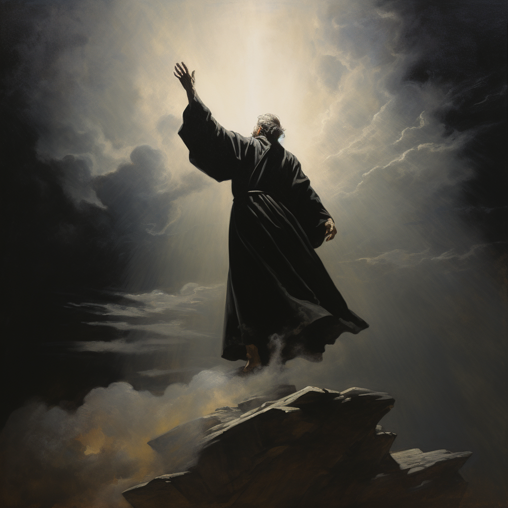 Man in black robe reaching towards the sky