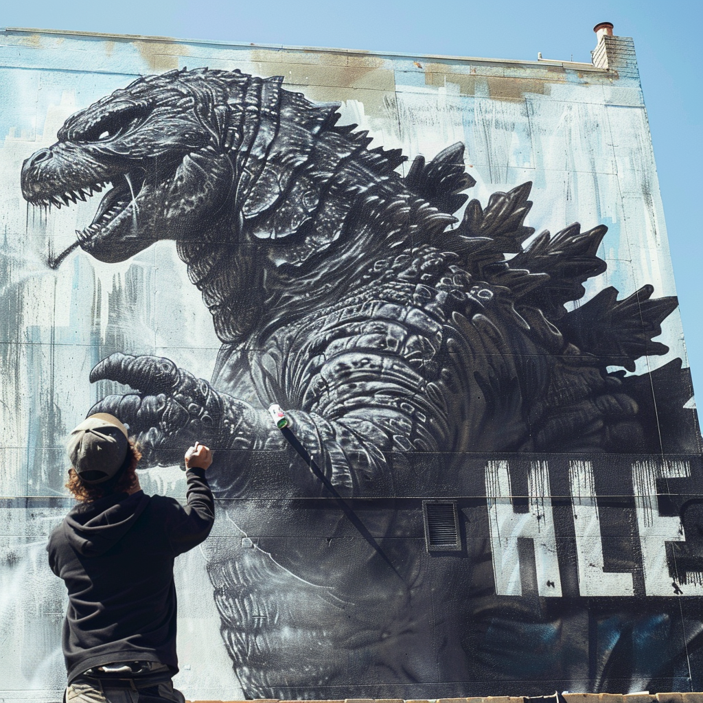 Godzilla graffiti artist spray painting