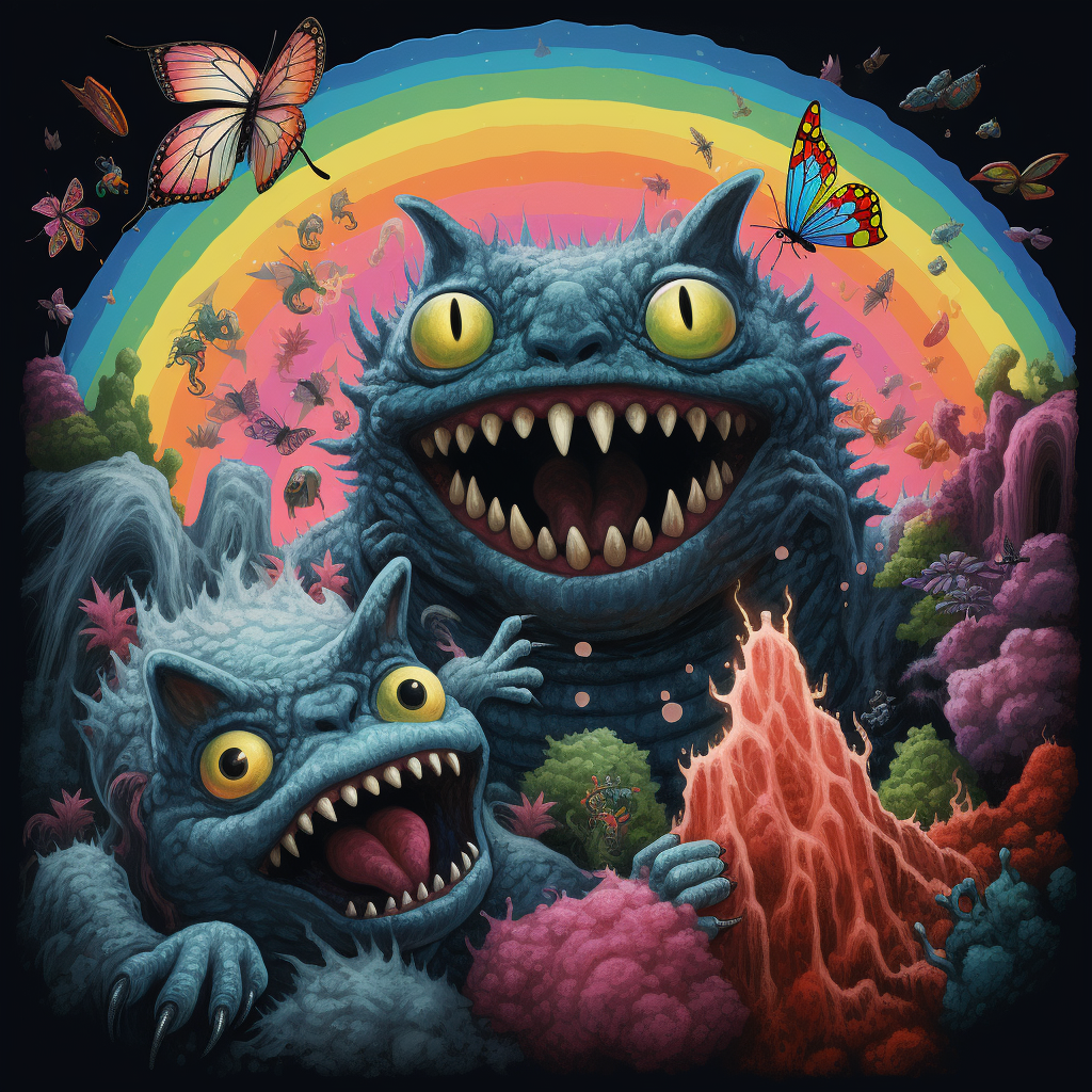 Happy Godzilla Mothra friends psychedelic wonderland