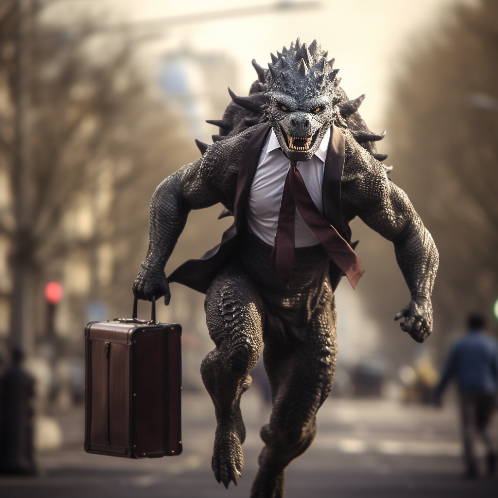 Godzilla running to work with suitcase and tie