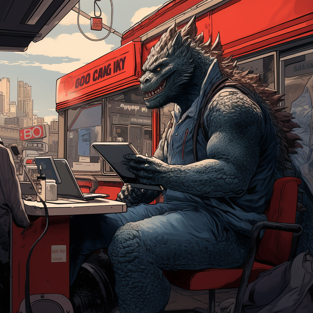 Illustration of Godzilla working on laptop in San Francisco