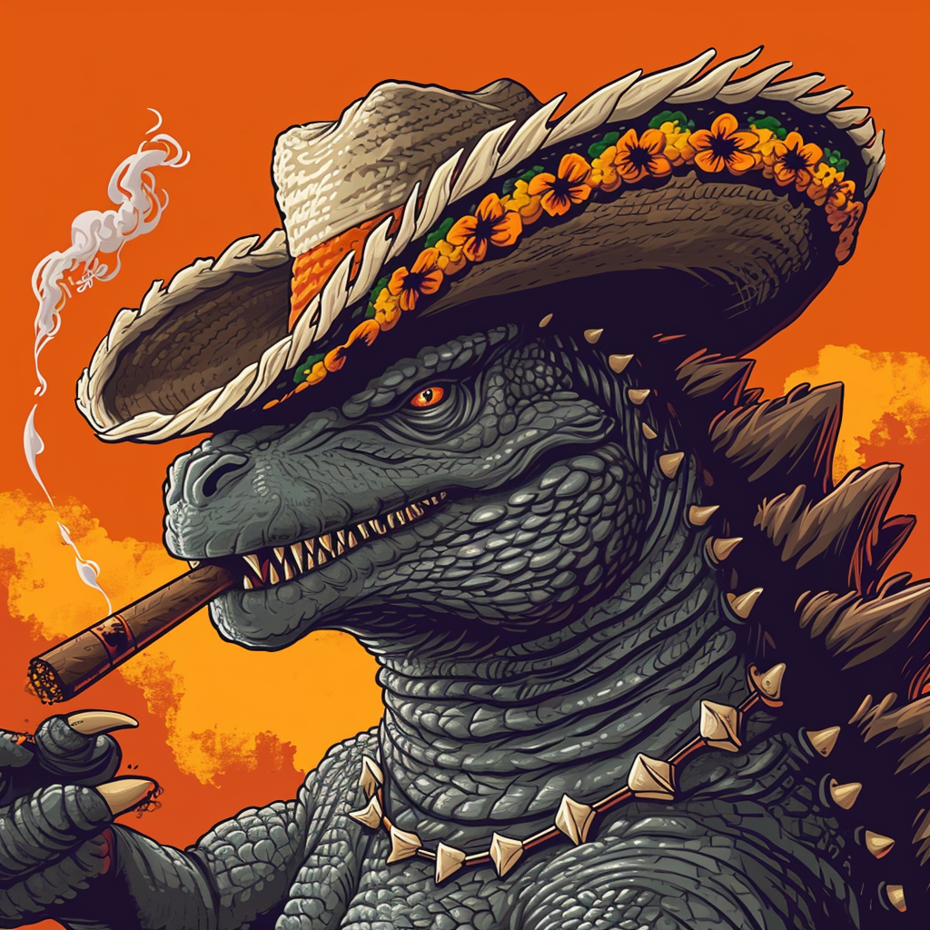 Godzilla wearing sombrero and smoking cigar