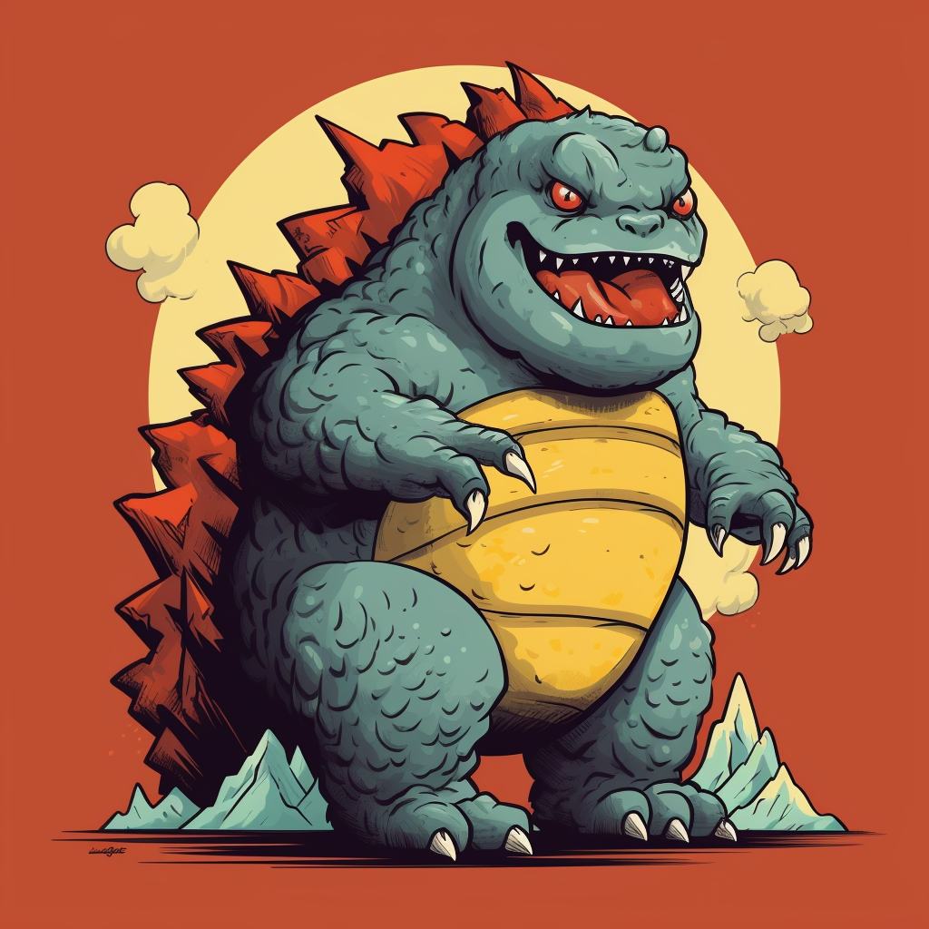 Adorable chubby Godzilla in cartoony style