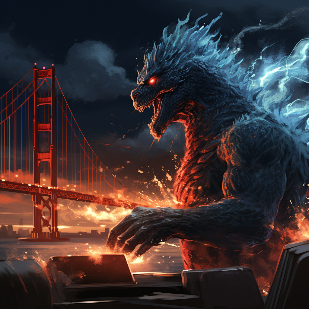 Highly detailed manga-style illustration of Godzilla with a MacBook Pro