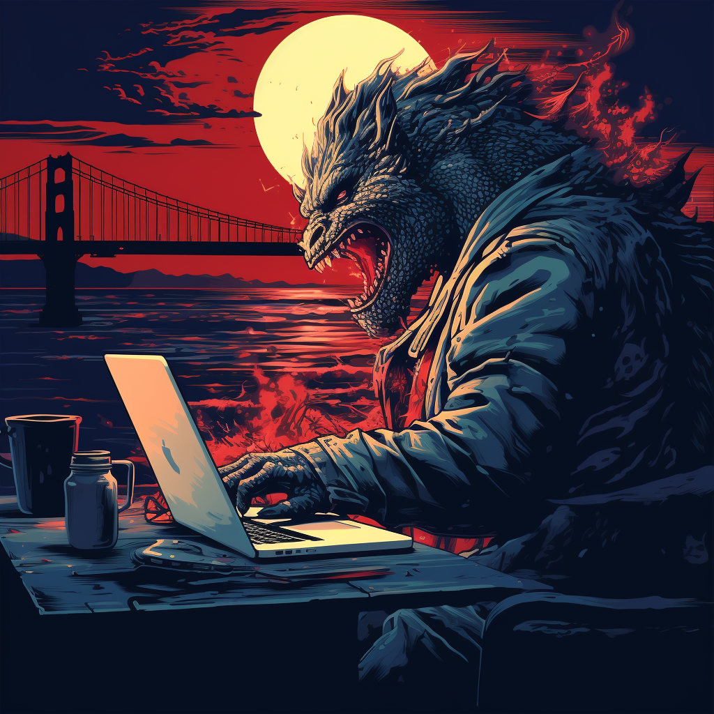 Angry Godzilla working on computer