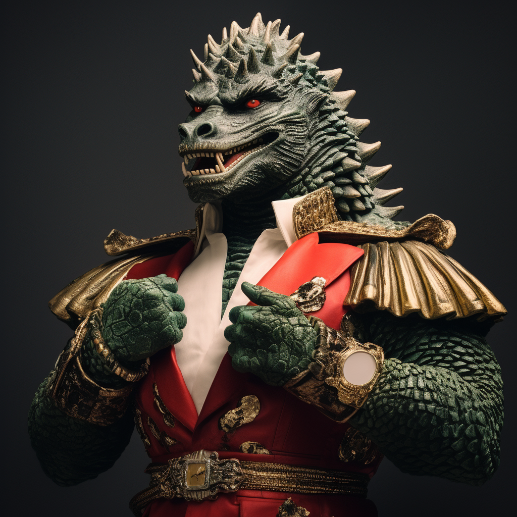 Fashionable Godzilla wearing Gucci attire