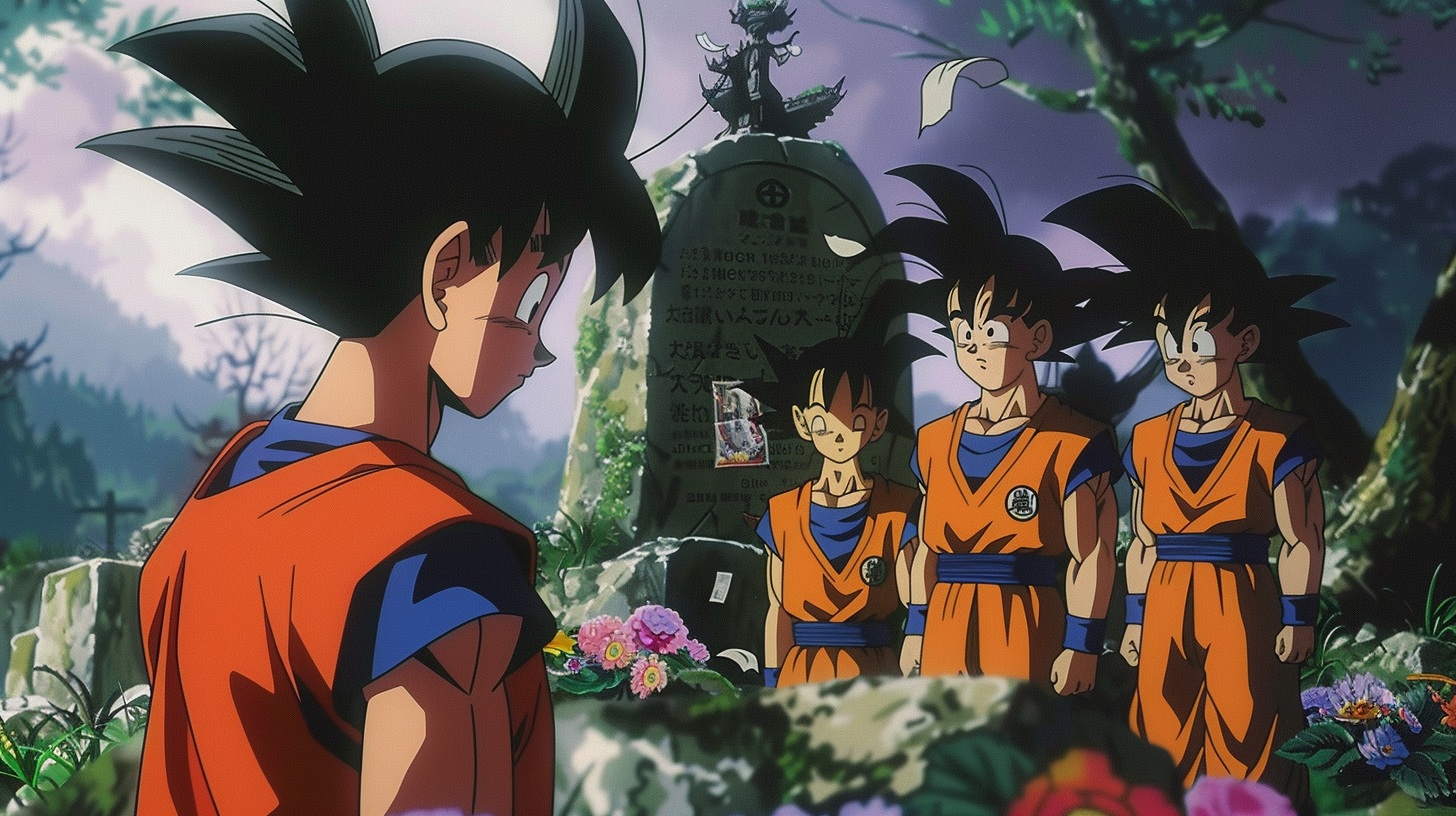 Goku and friends mourning at tombstone