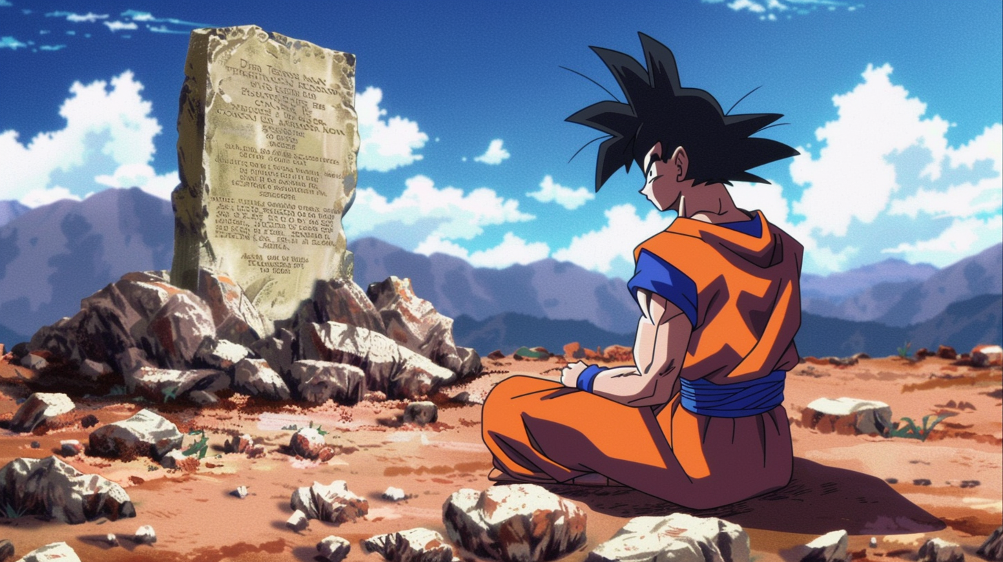 Sad Son Goku Mourns Tombstone