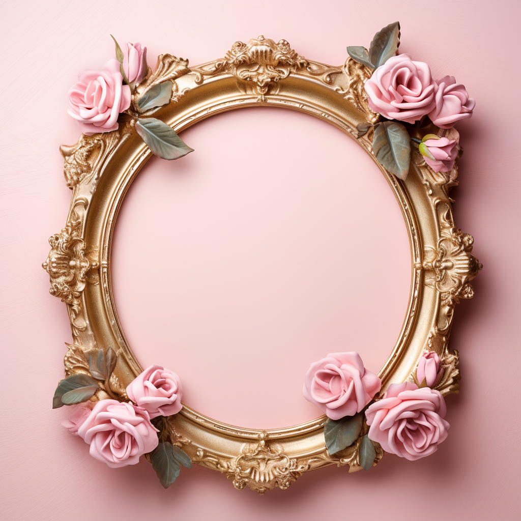 Gold antique frame and pink roses