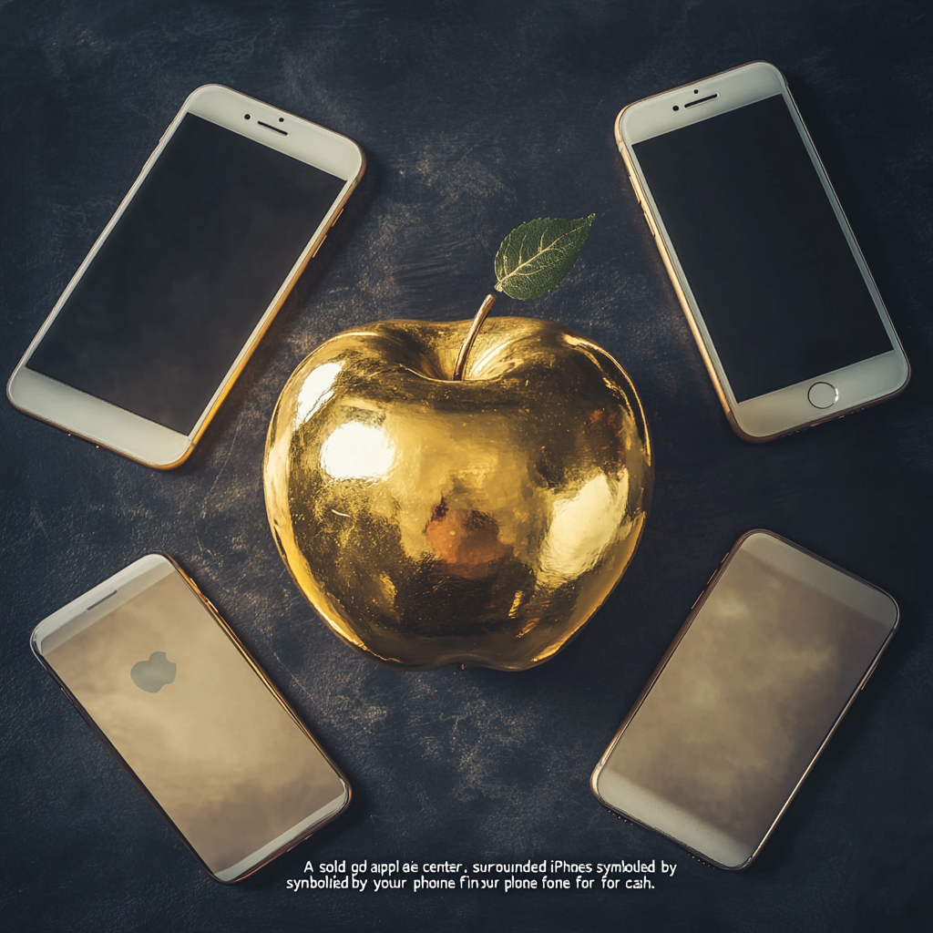 Gold Apple surrounded by iPhones