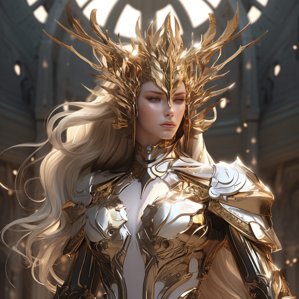 Beautiful woman in golden armor with scepters