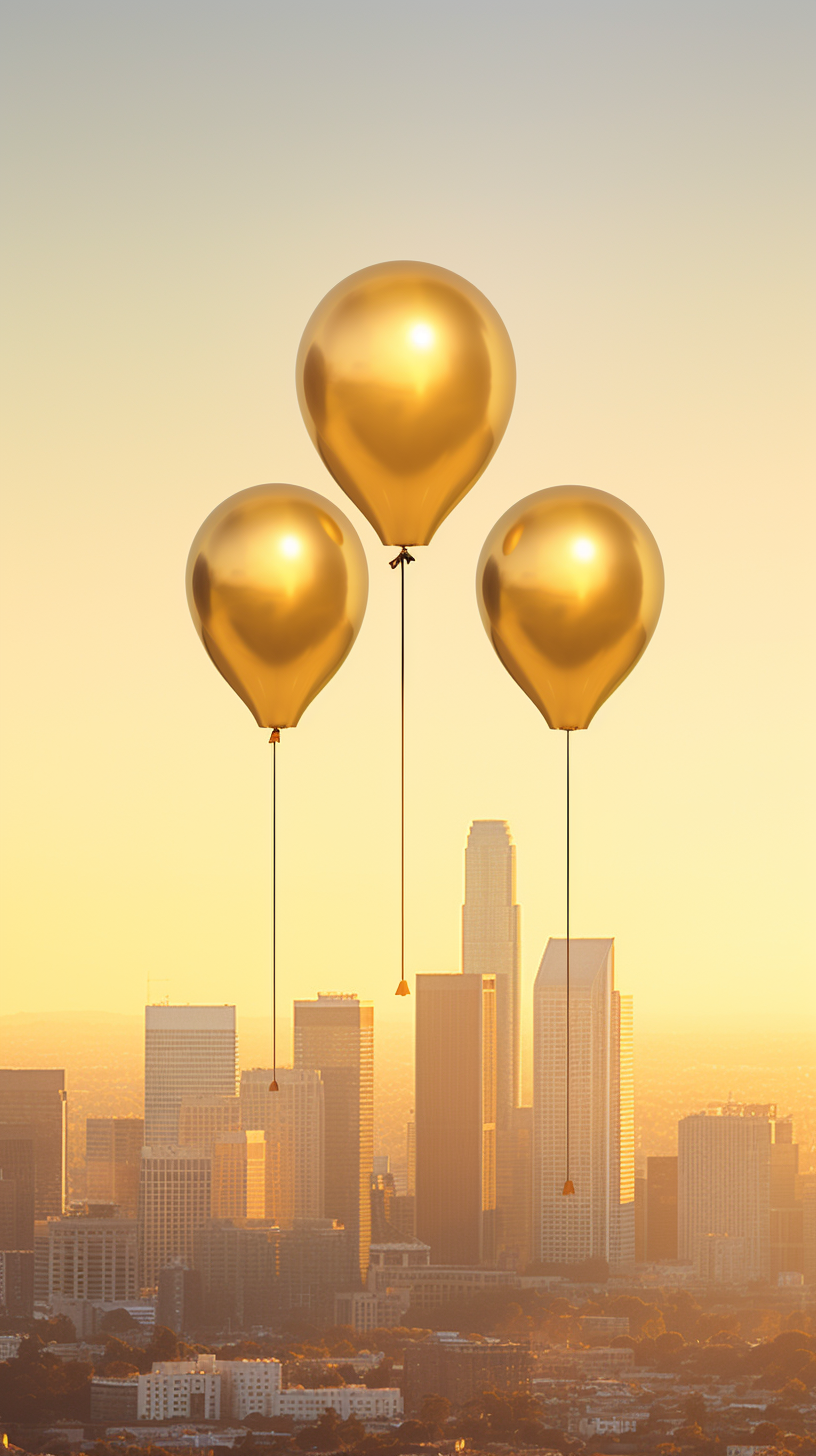 gold balloons downtown Los Angeles sunset