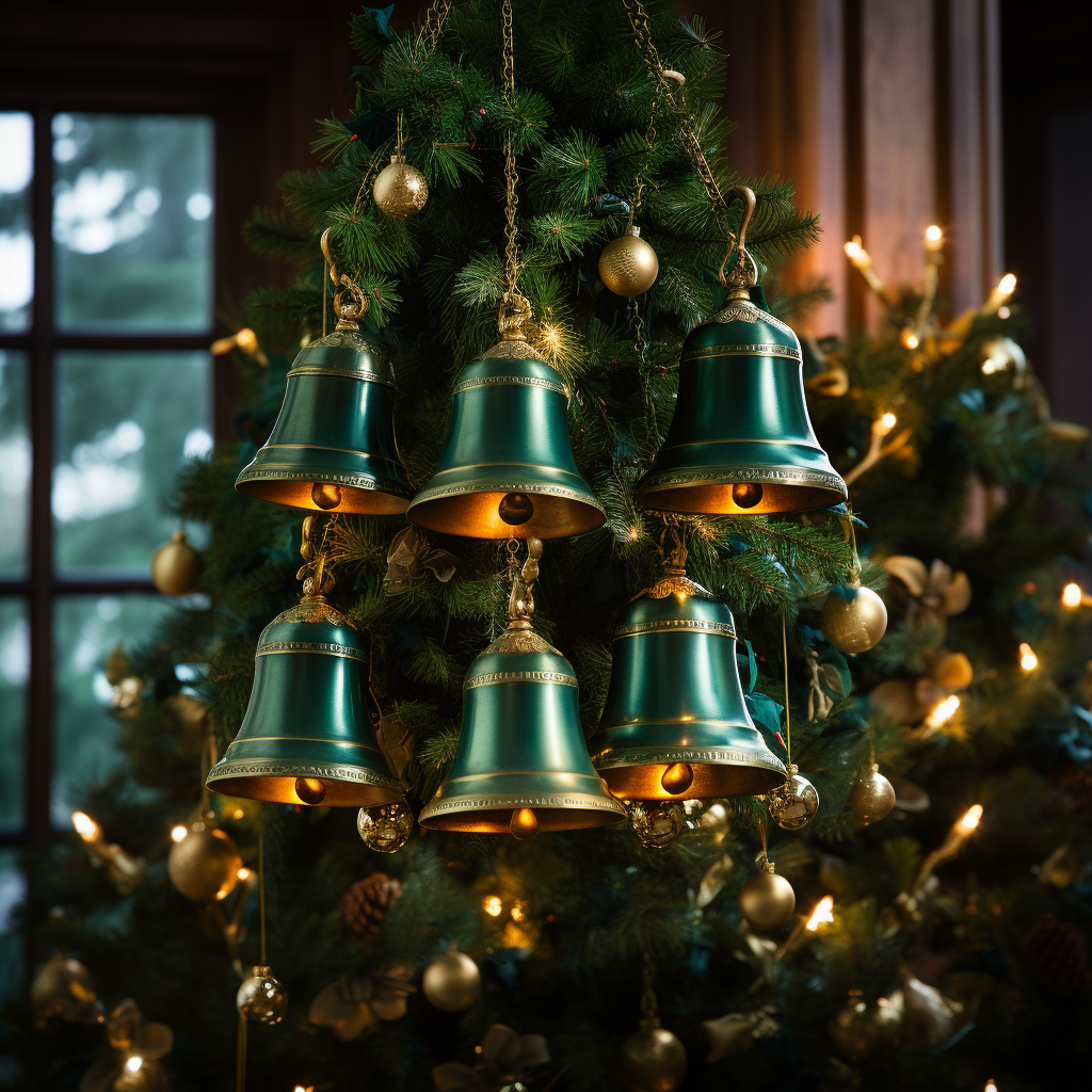 Gold bells hanging on a Christmas tree