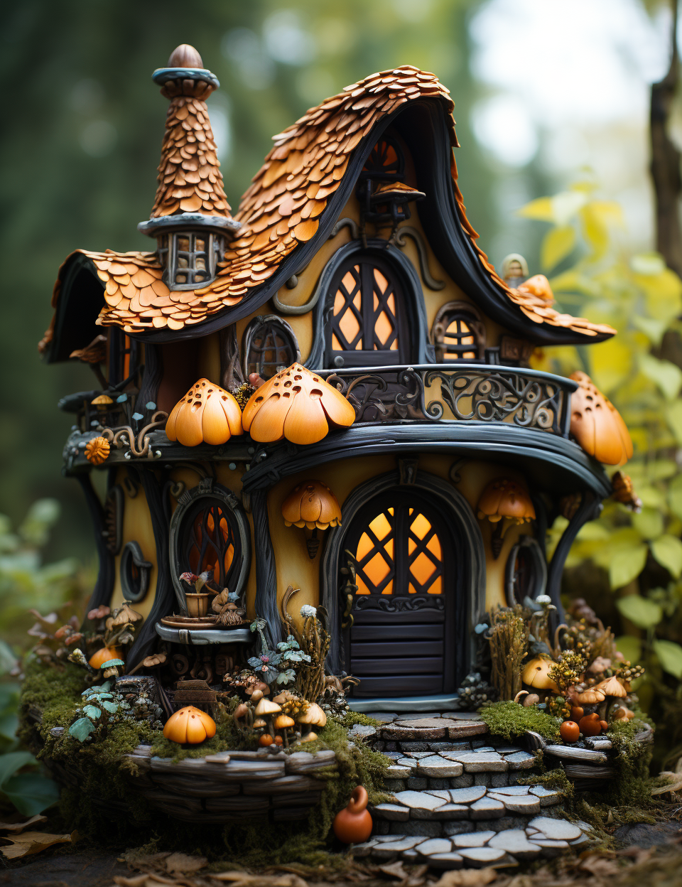 Intricate gold fairy homes amidst autumn leaves and magnolia gardens