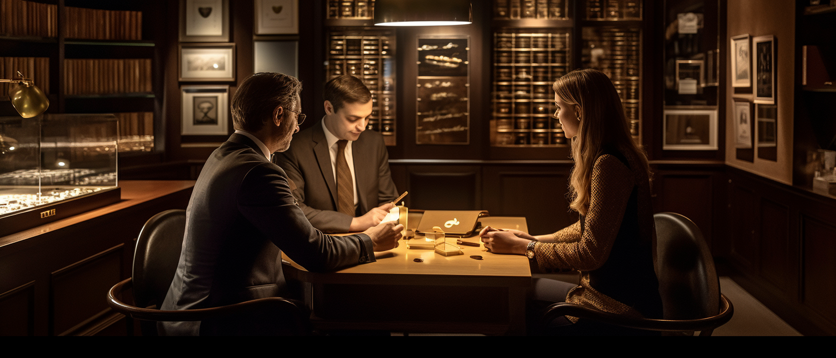 Smartly dressed couple consulting gold bullion expert