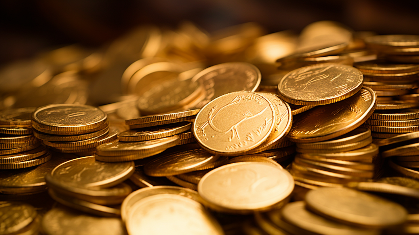 Shining gold coins on a surface