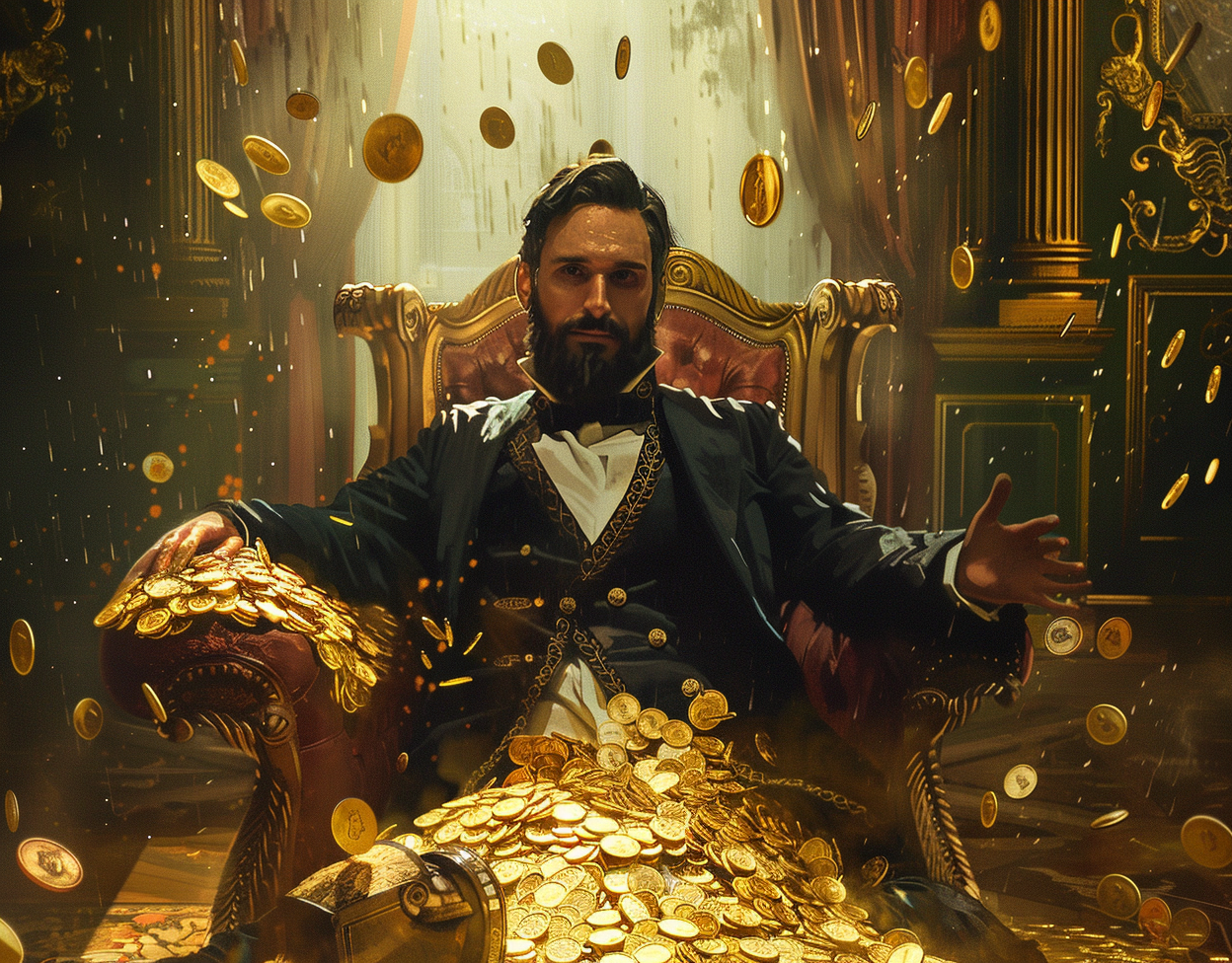 Well-dressed man surrounded by gold coins