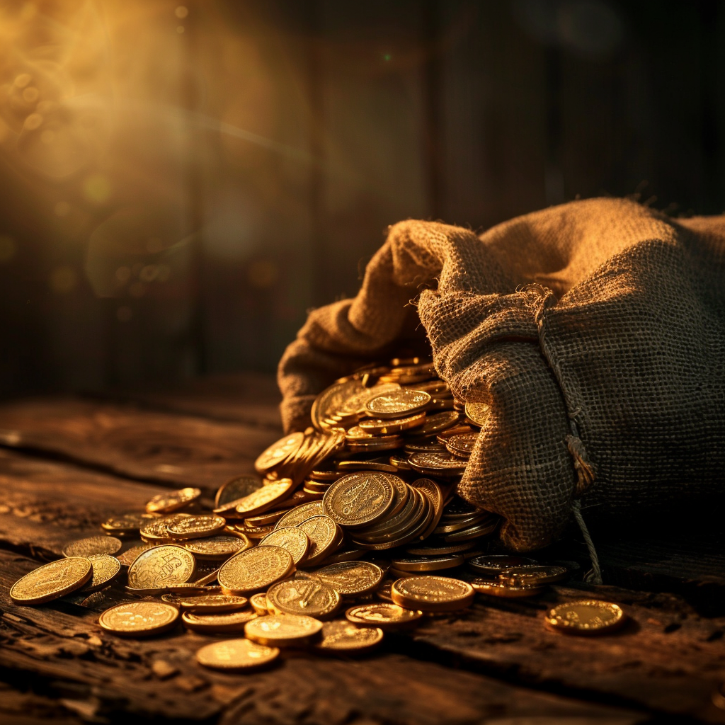 gold coins spilled wooden table