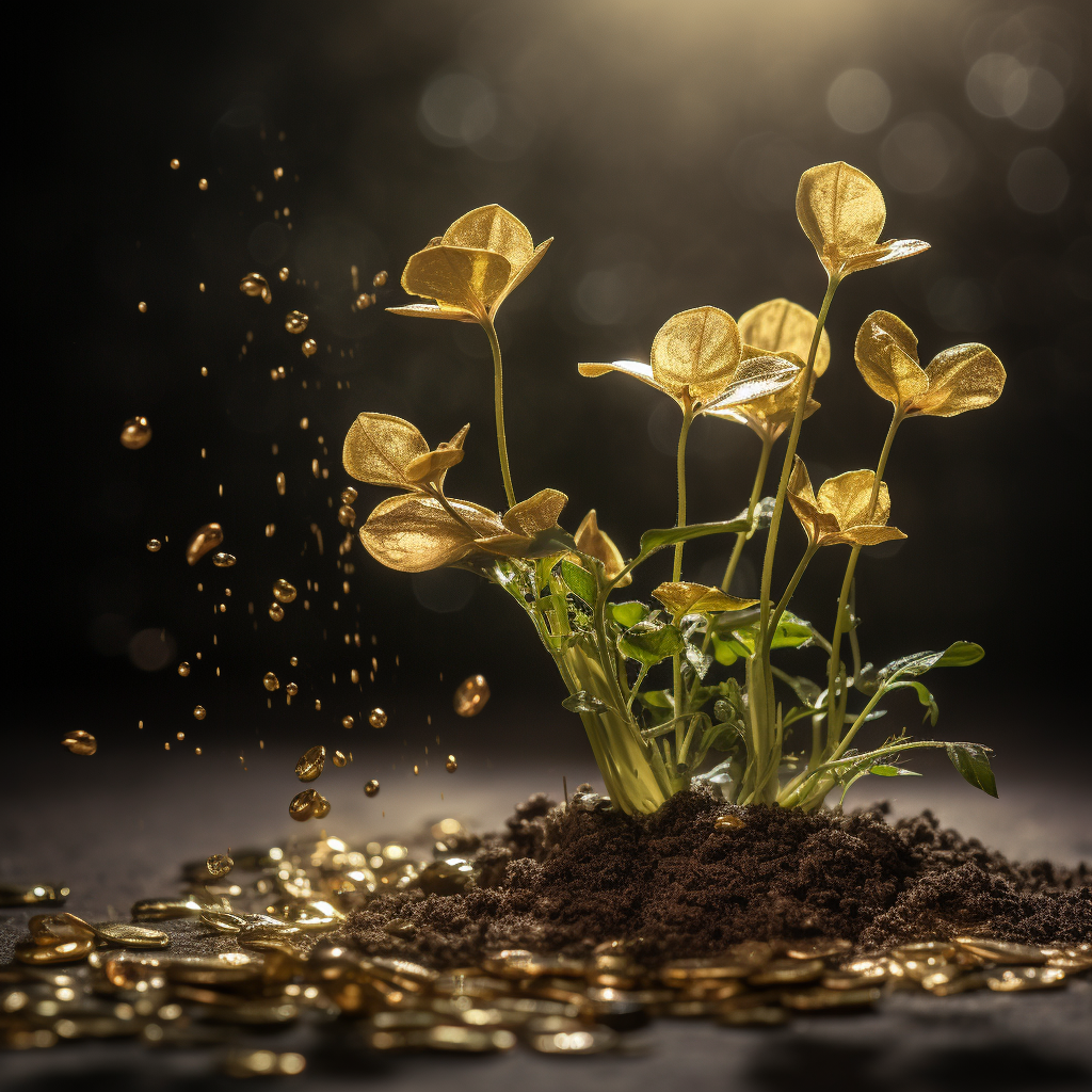 Gold coins sprouting from flower