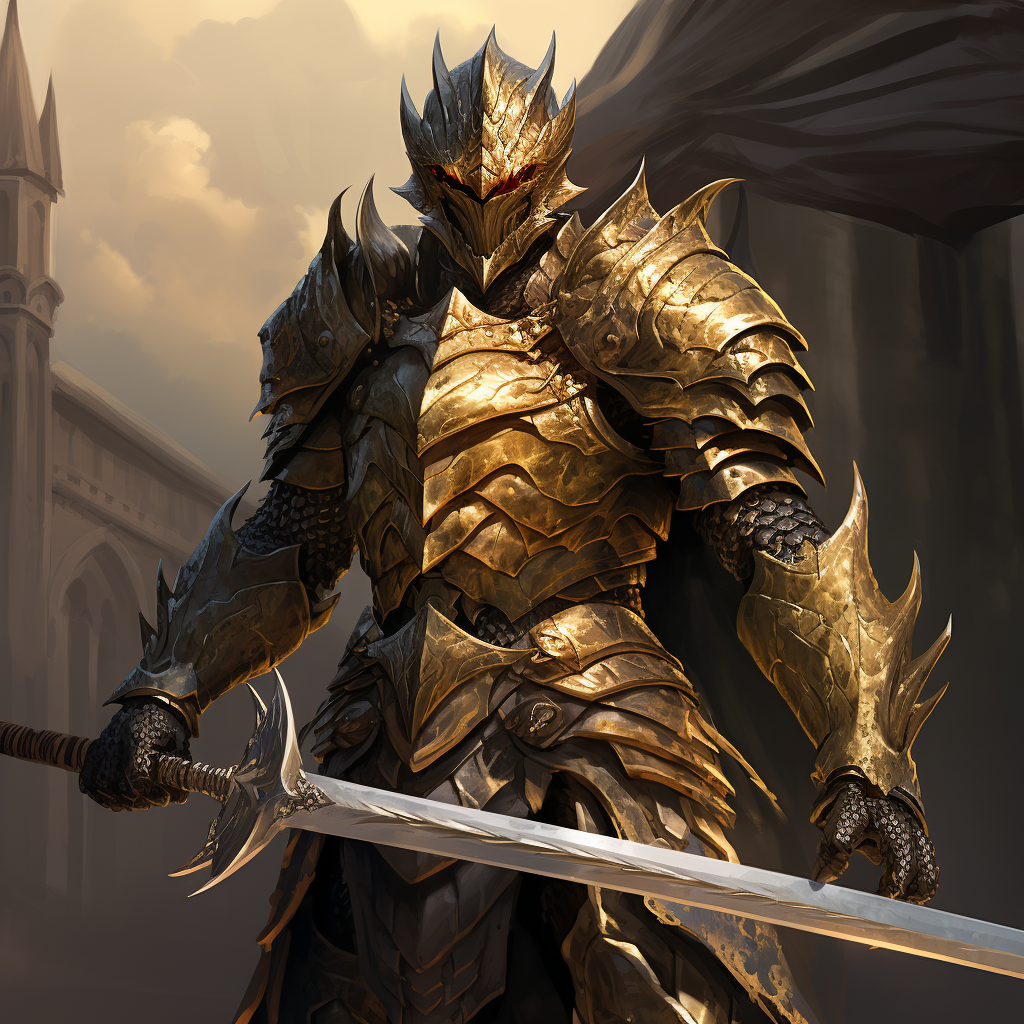 Powerful Gold Dragon Humanoid with Sword