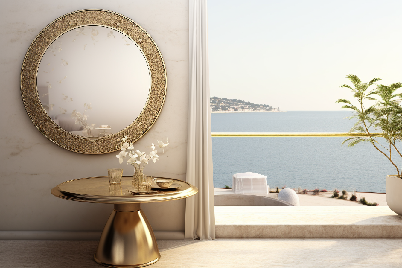 Gold frame mirror on balcony with sea view