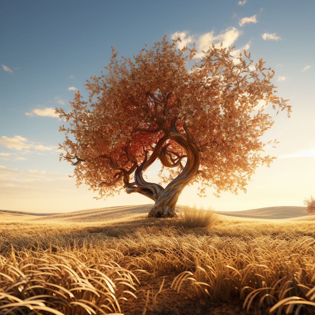 Stunning golden grass with an apple tree