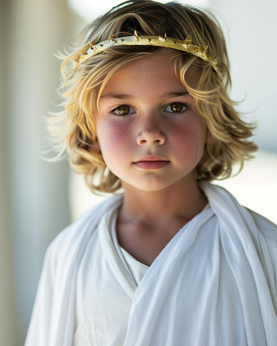 Young boy with a gold halo headband