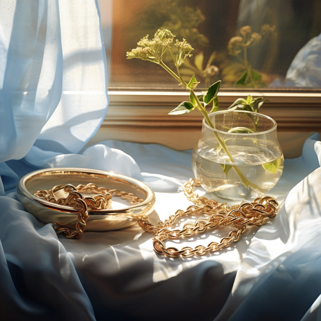 Gold jewelry on windowsill