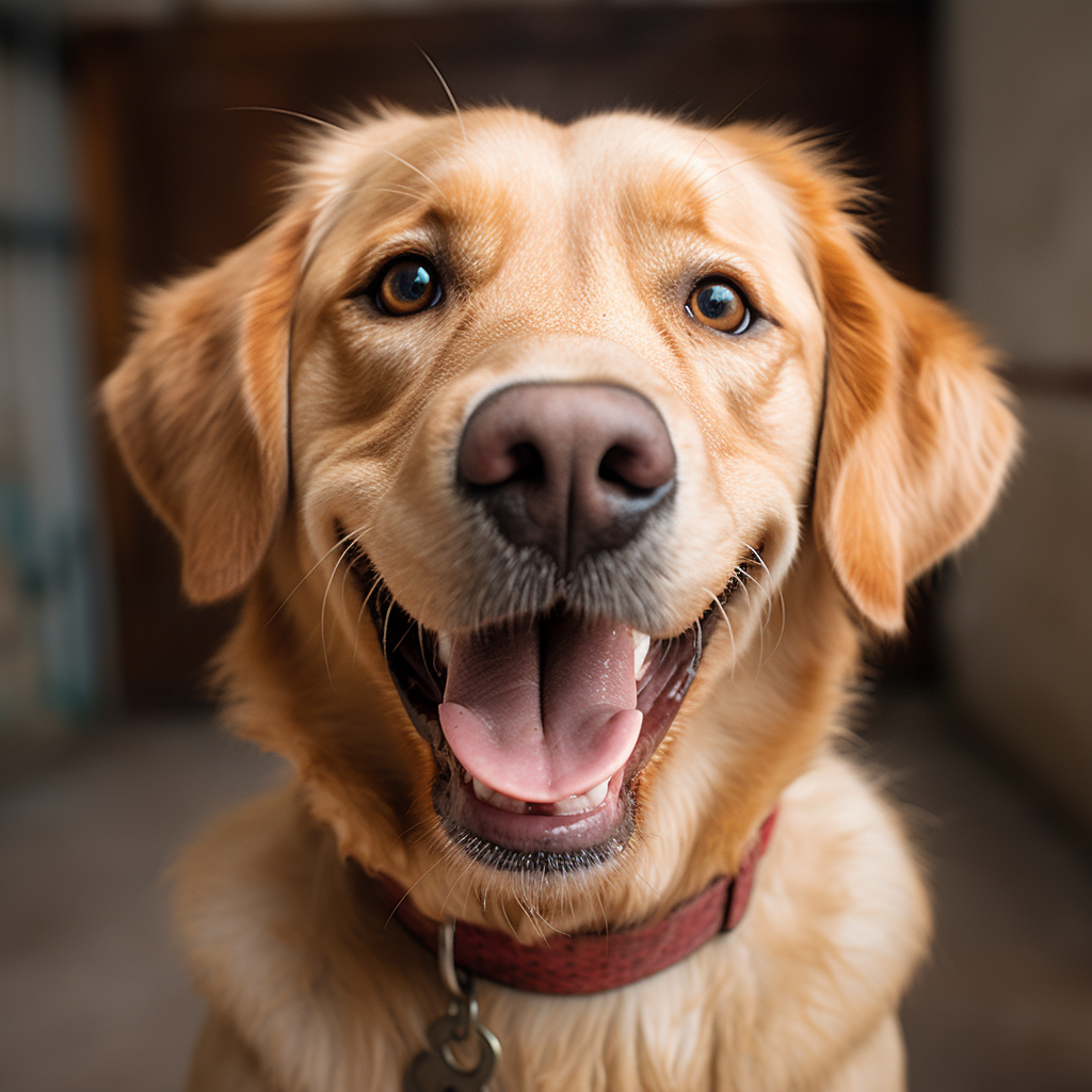 Smiling gold Labrador retriever in natural light