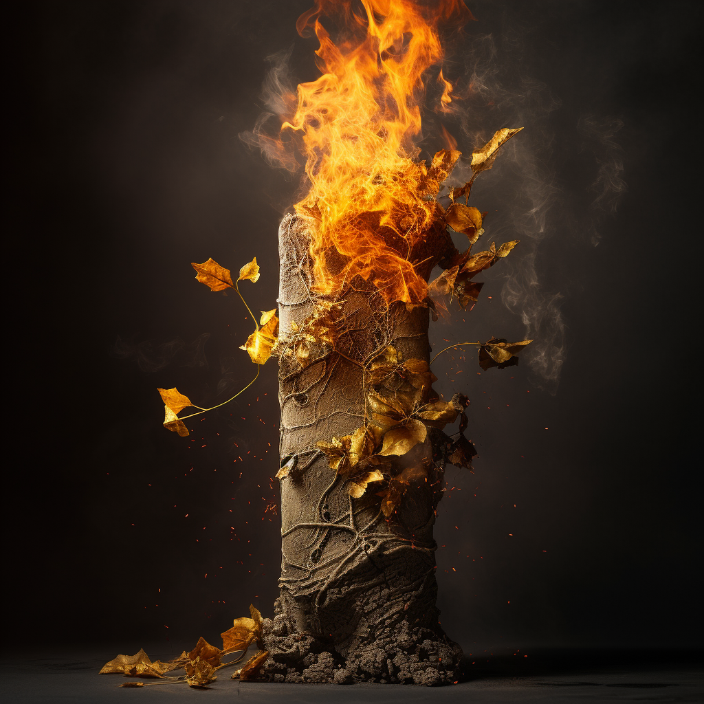 Gold leaves rising from concrete column with fire