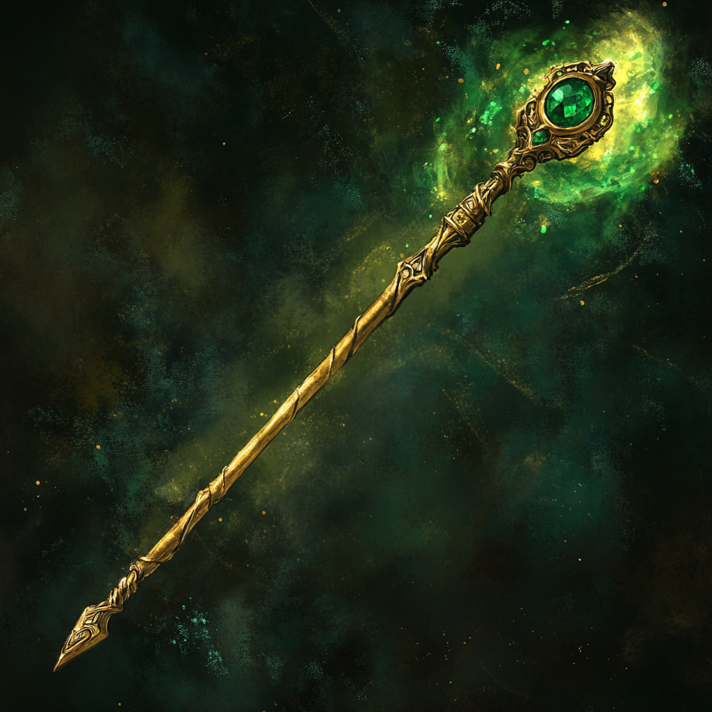 gold magical wand with emerald swings in painting.