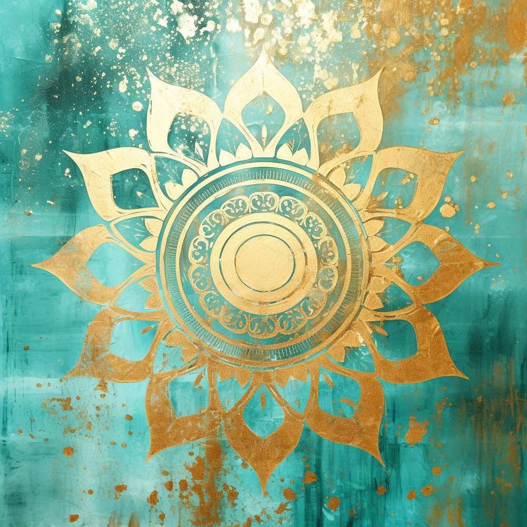 Gold mandalas on turquoise background