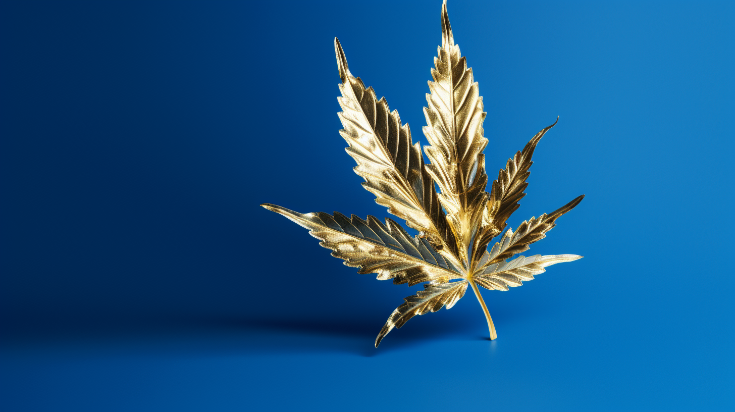 Gold marijuana leaf on blue background