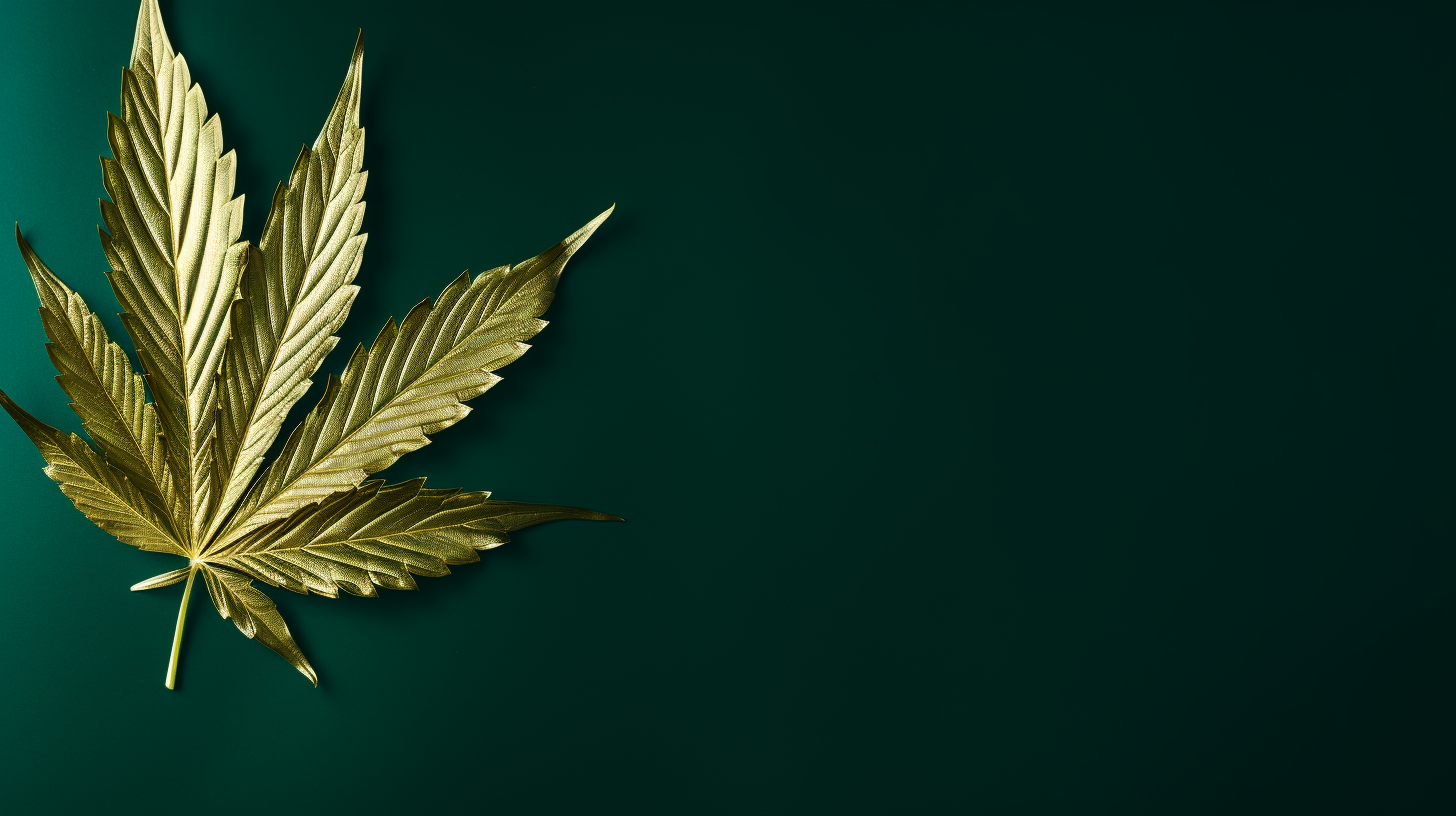 Gold marijuana leaf on emerald background