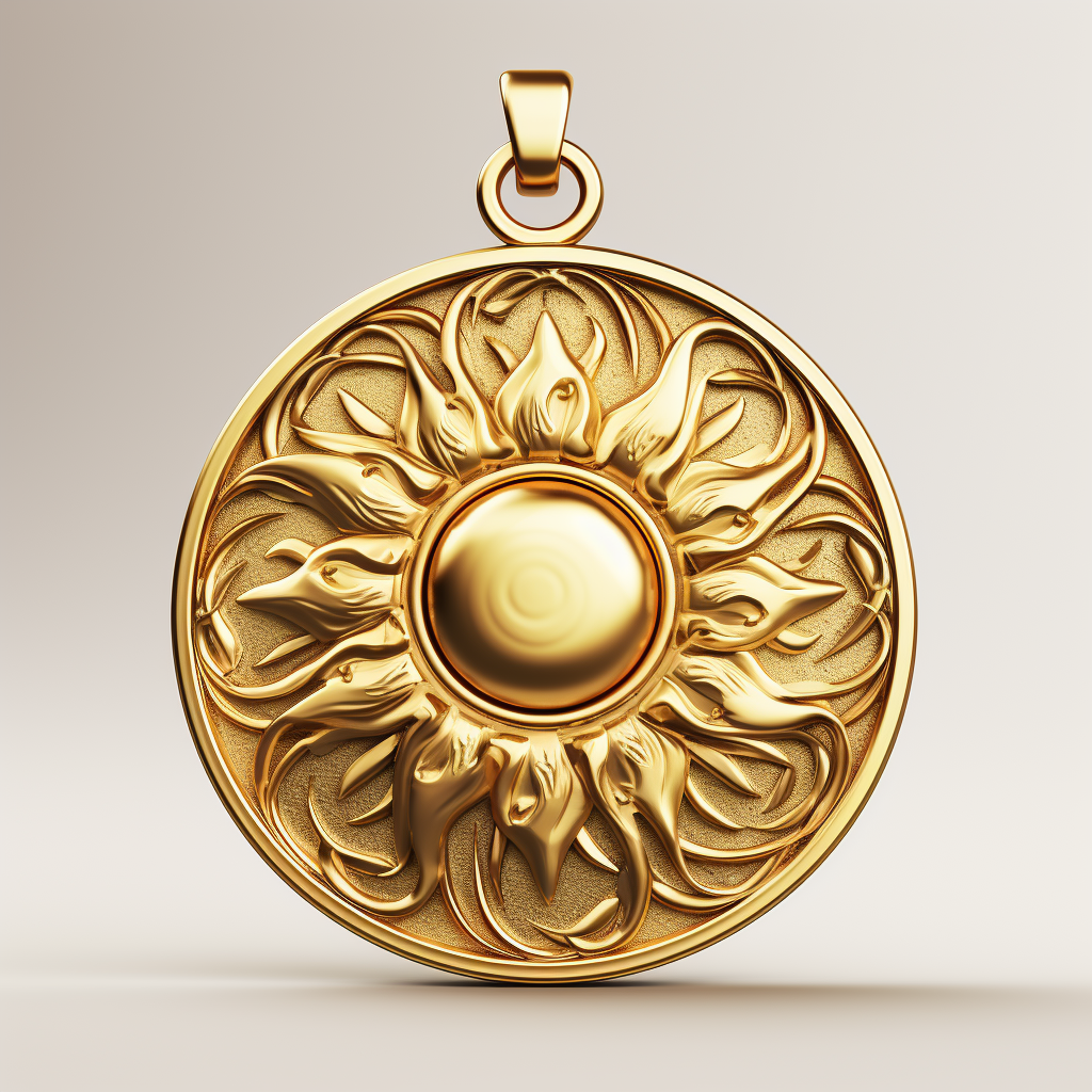 Shiny gold medallion with sun symbol