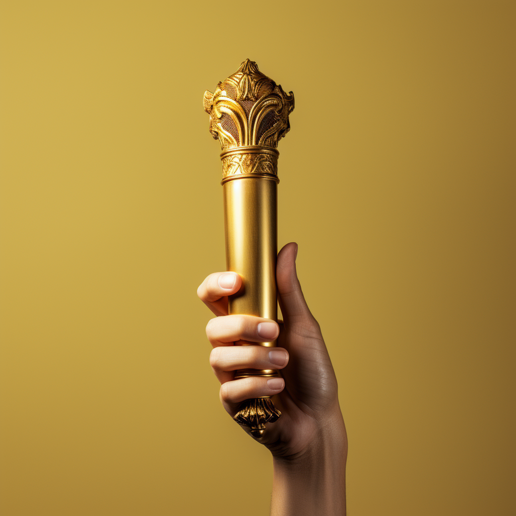 A hand holding a gold metallic art deco torch