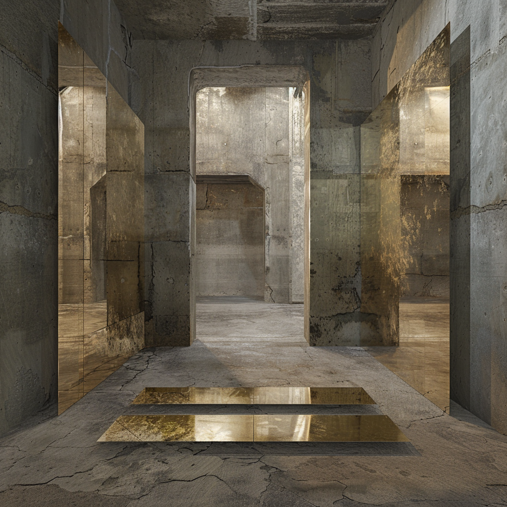 Gold mirrors in concrete room