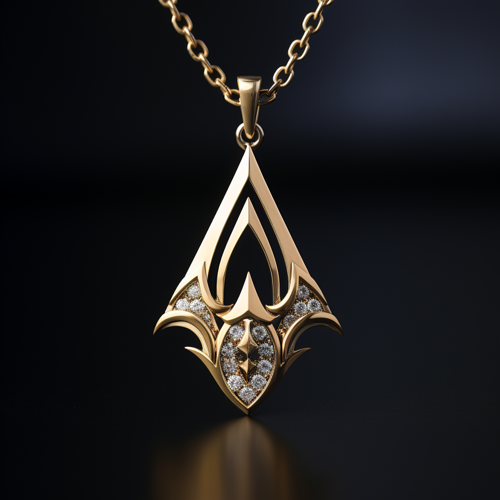 Triangular pendant with gold medieval unicorn motif